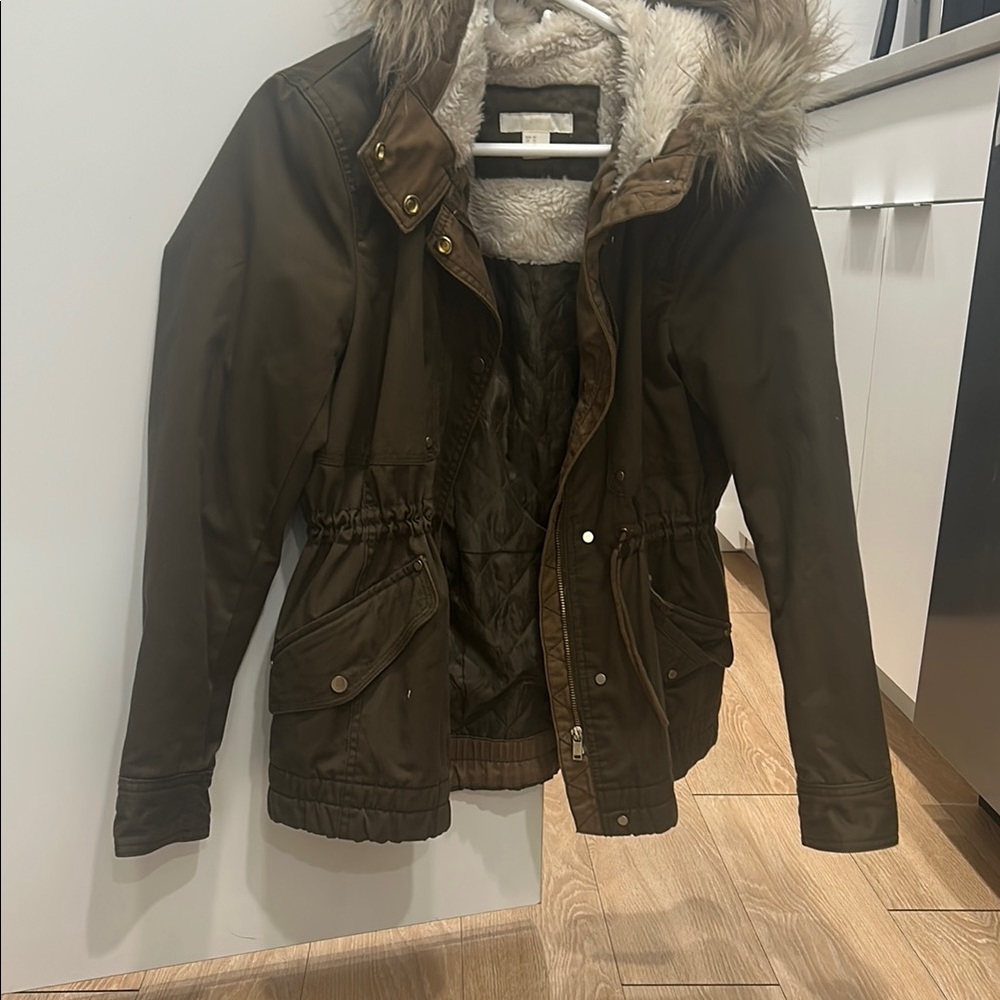 H&M Brown Utility Jacket with Fur-Lined Hood